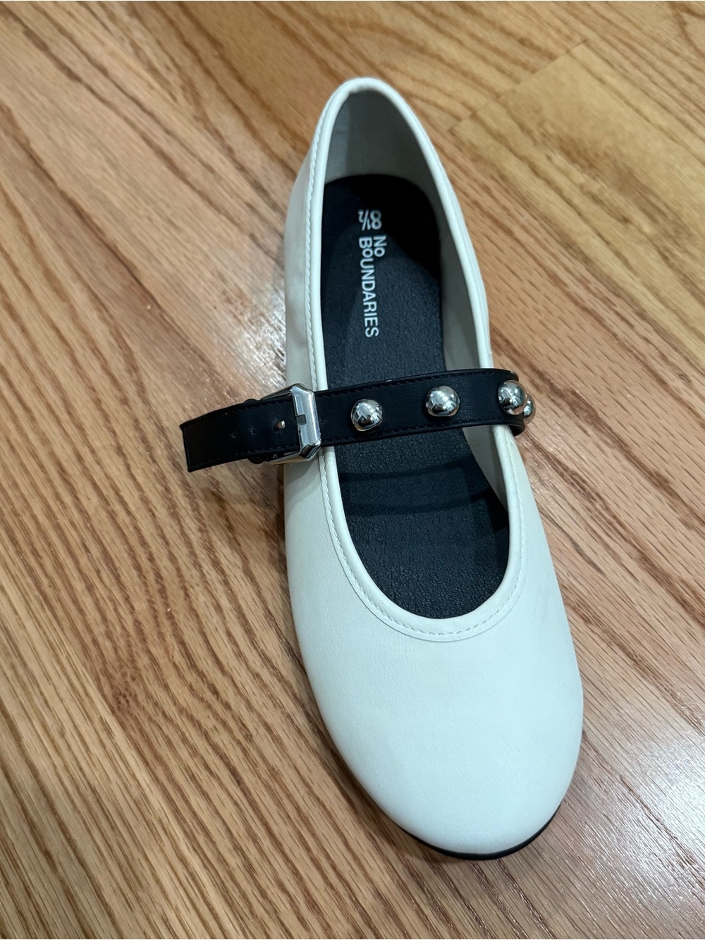 No Boundaries White Mary Jane Flat with Black Studded Strap